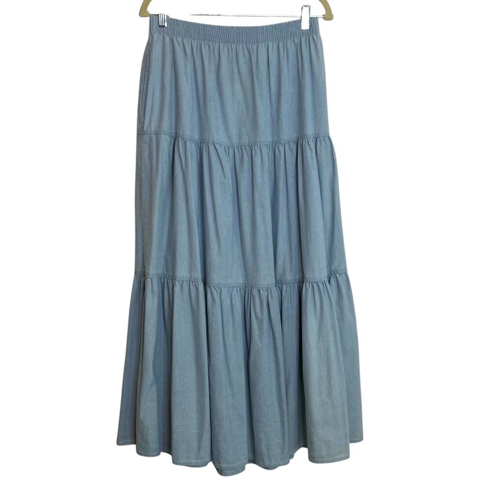 Willowbend Vintage Maxi Skirt Tiered Cotton Chambray Blue Size 14 Boho Western